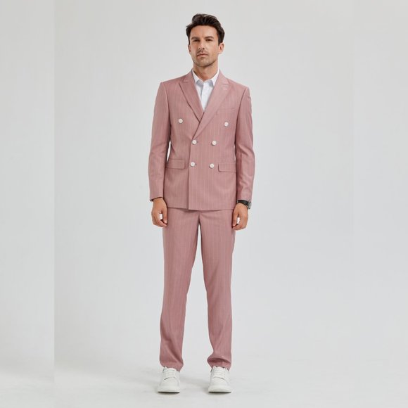 Pink Pinstriped 2pc Suit w/ Peak Lapel by Tazio - Picture 3 of 5